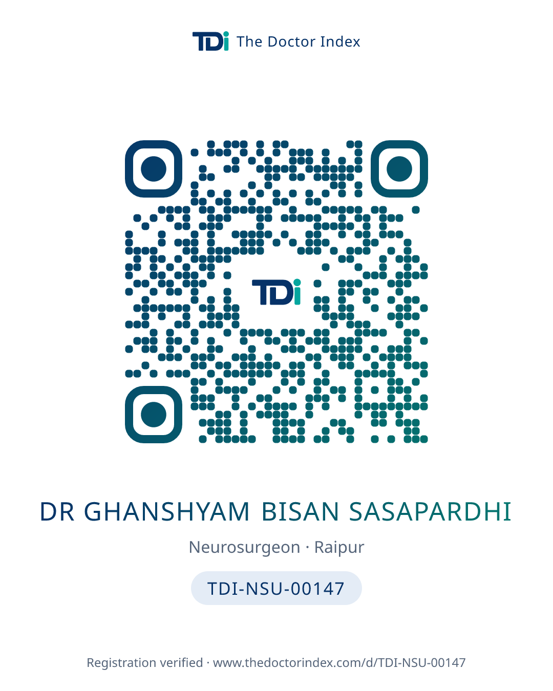 QR card for Dr Ghanshyam Bisan Sasapardhi, TDI-NSU-00147