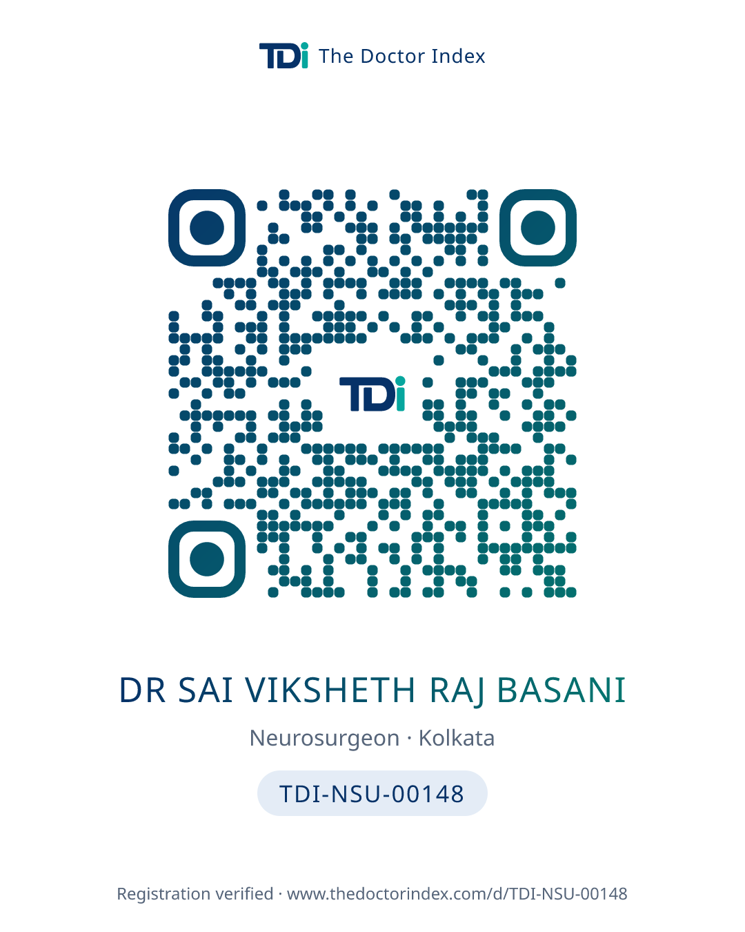 QR card for Dr Sai Viksheth Raj Basani, TDI-NSU-00148