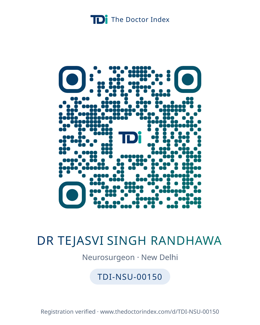 QR card for Dr Tejasvi Singh Randhawa, TDI-NSU-00150