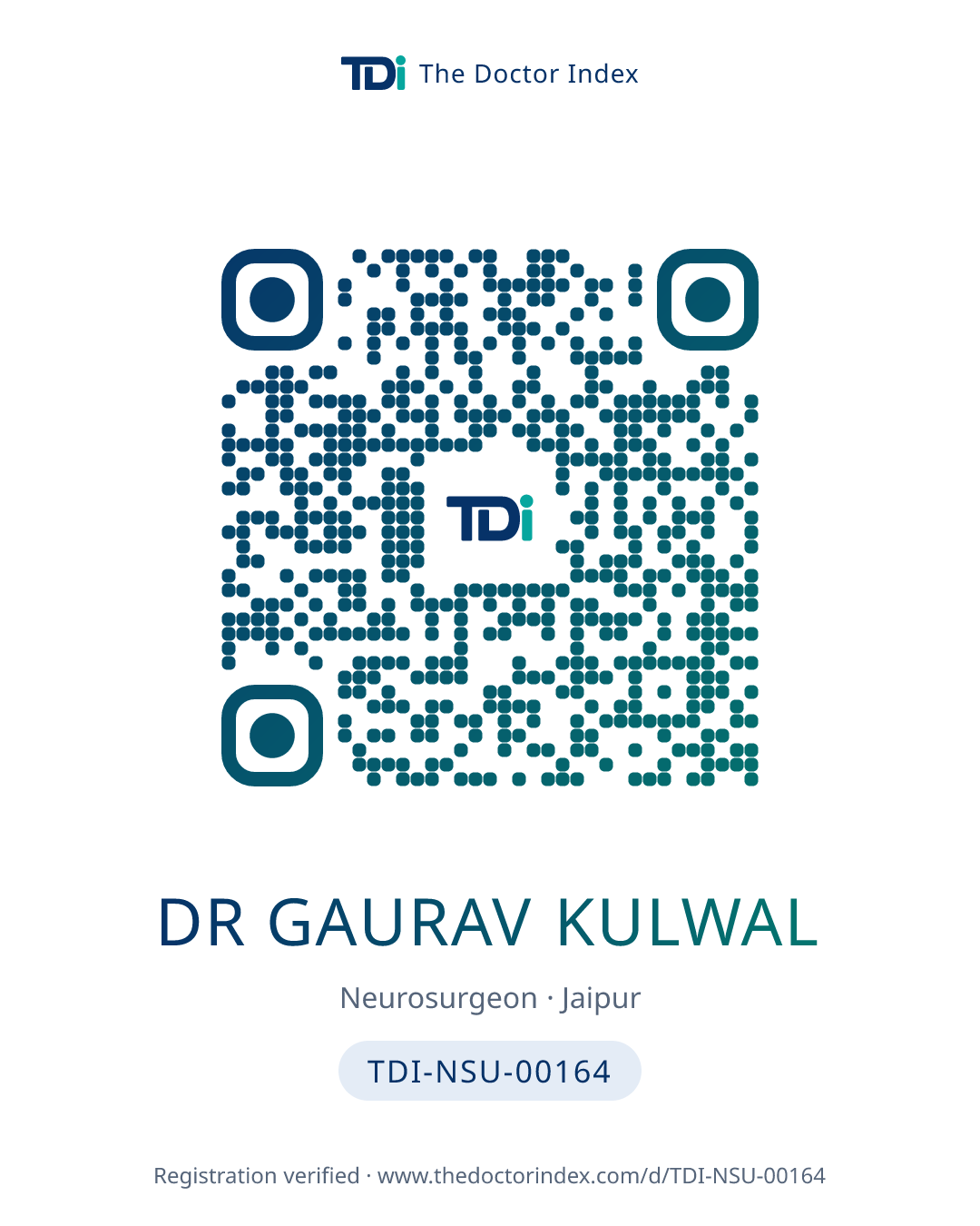 QR card for Dr Gaurav Kulwal, TDI-NSU-00164