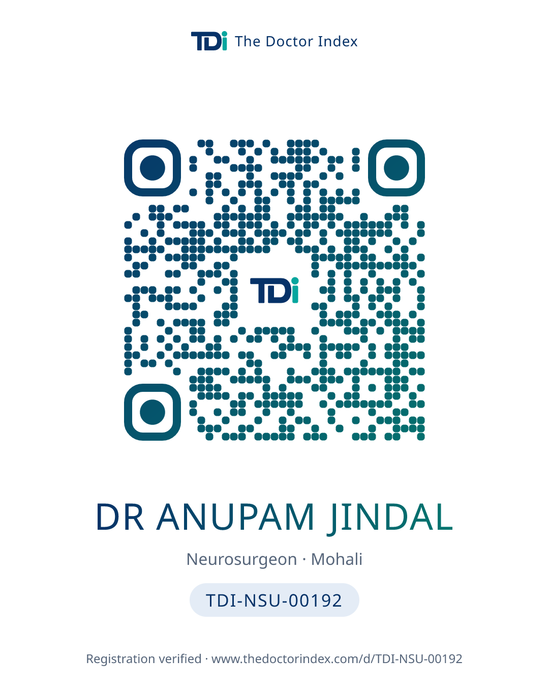 QR card for Dr Anupam Jindal, TDI-NSU-00192