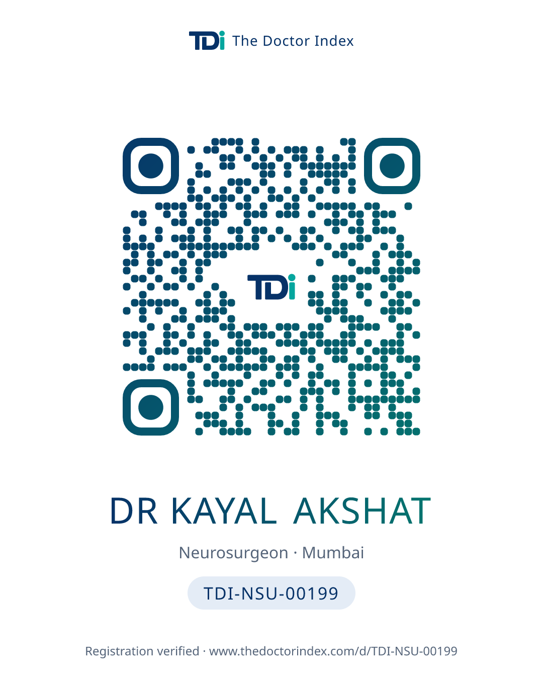 QR card for Dr Kayal Akshat, TDI-NSU-00199