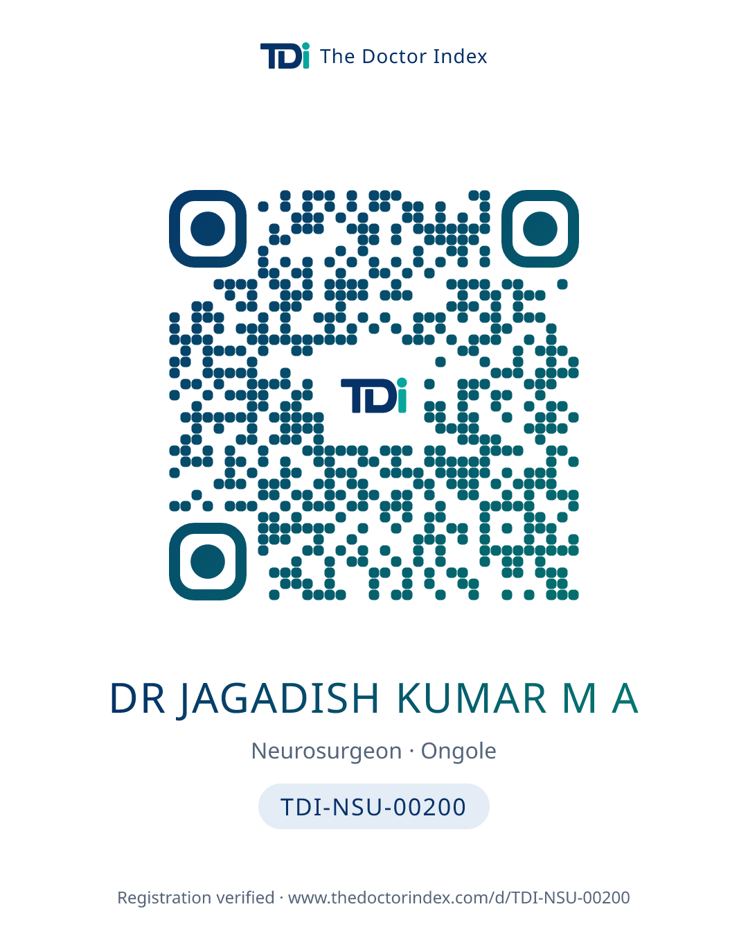 QR card for Dr Jagadish Kumar M A, TDI-NSU-00200