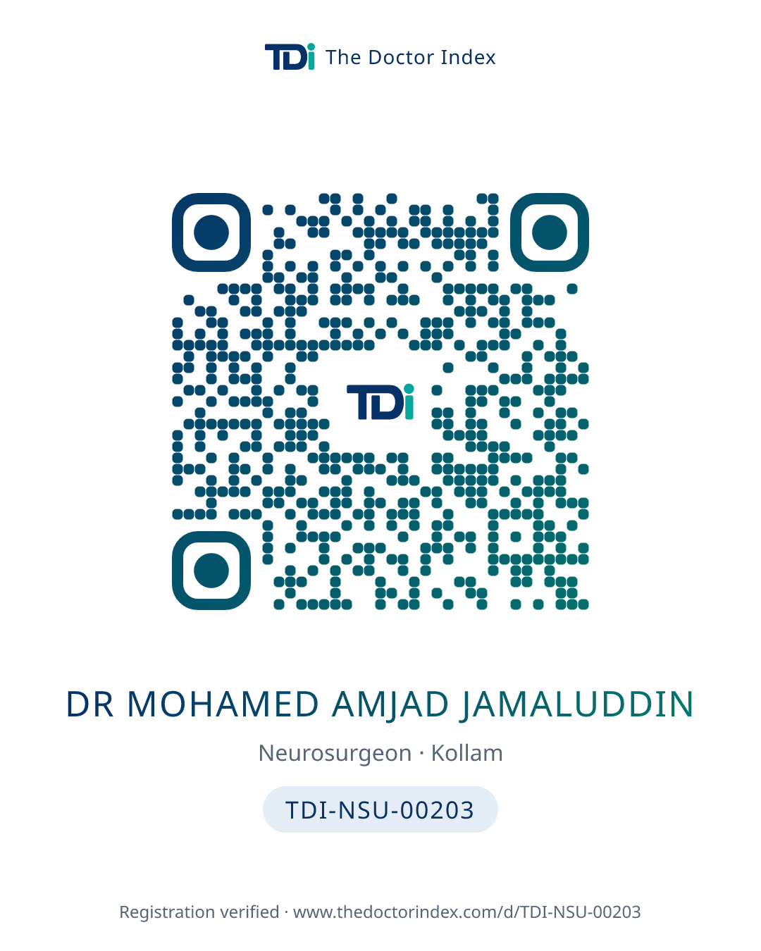 QR card for Dr Mohamed Amjad Jamaluddin, TDI-NSU-00203