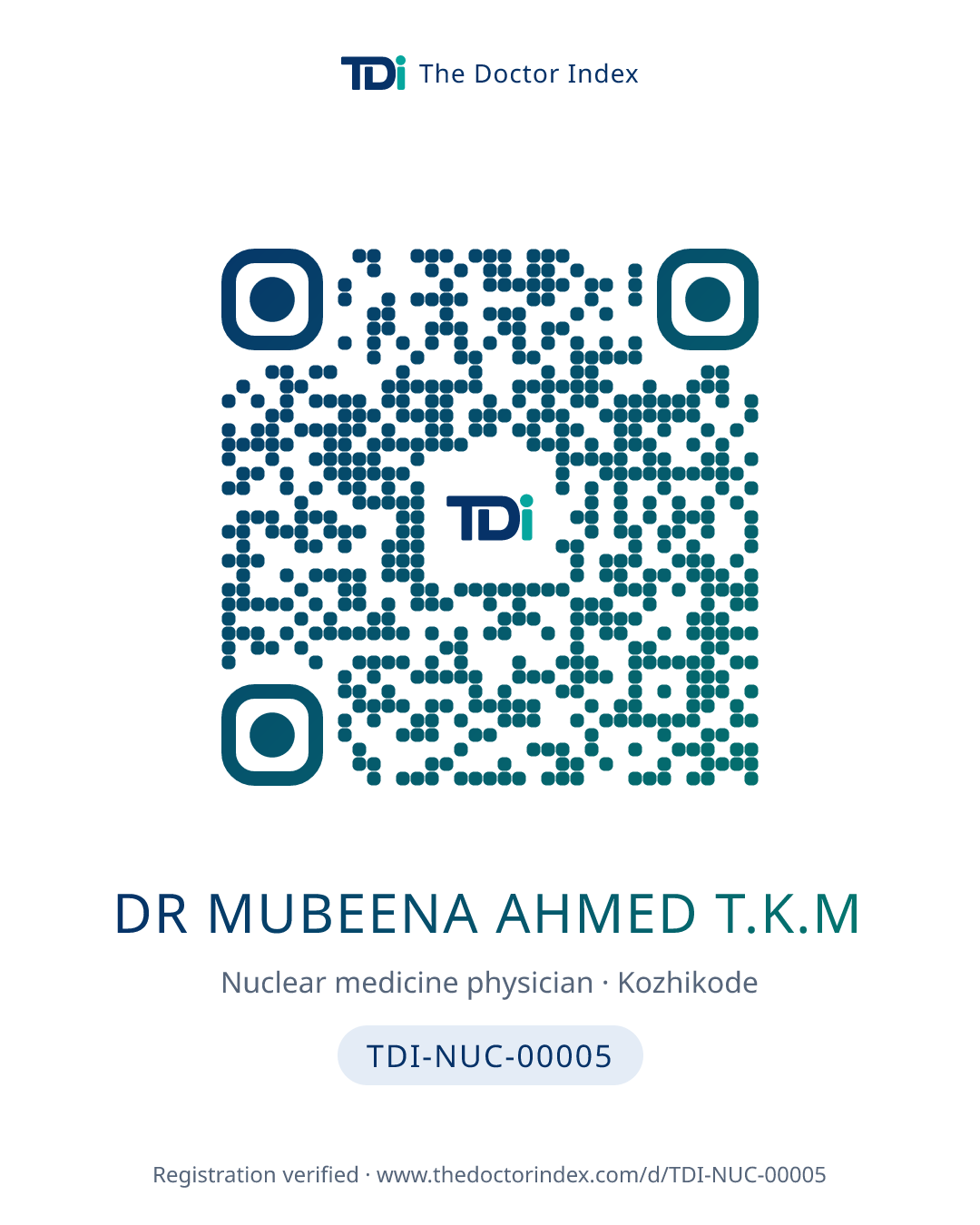 QR card for Dr Mubeena Ahmed T.K.M, TDI-NUC-00005