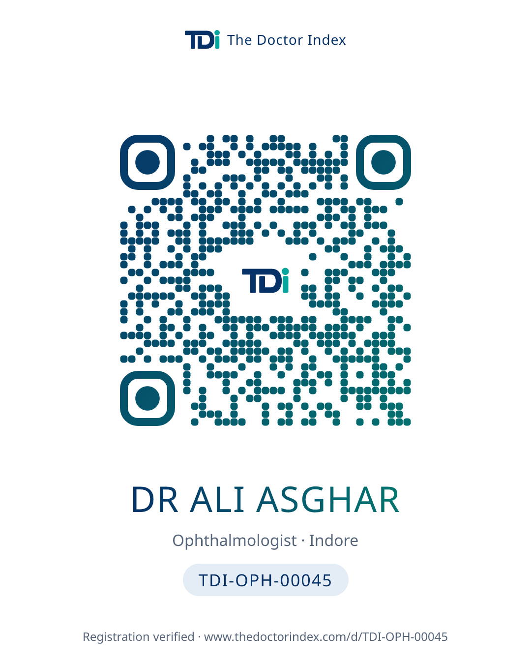 QR card for Dr Ali Asghar, TDI-OPH-00045