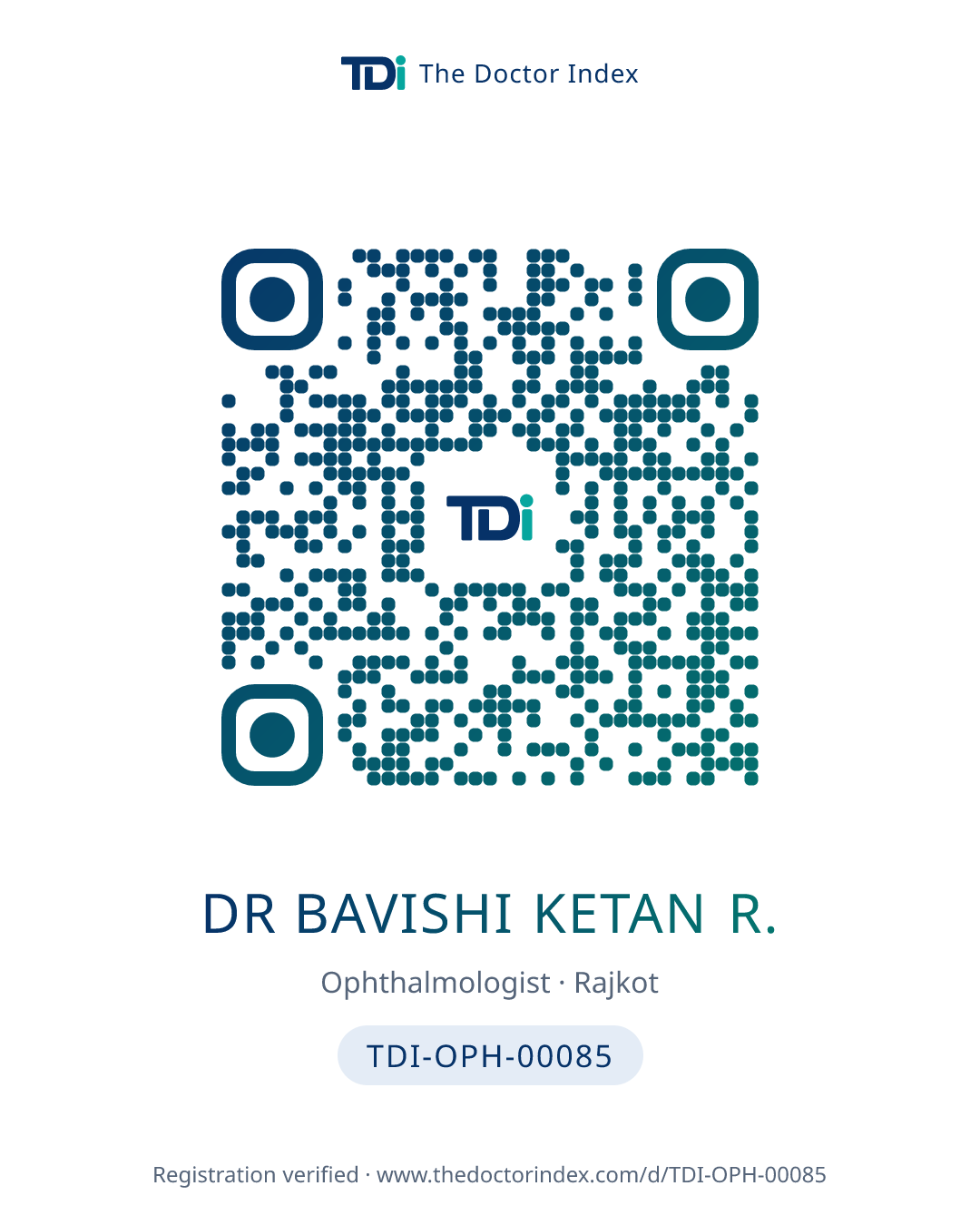 QR card for Dr Bavishi Ketan R., TDI-OPH-00085
