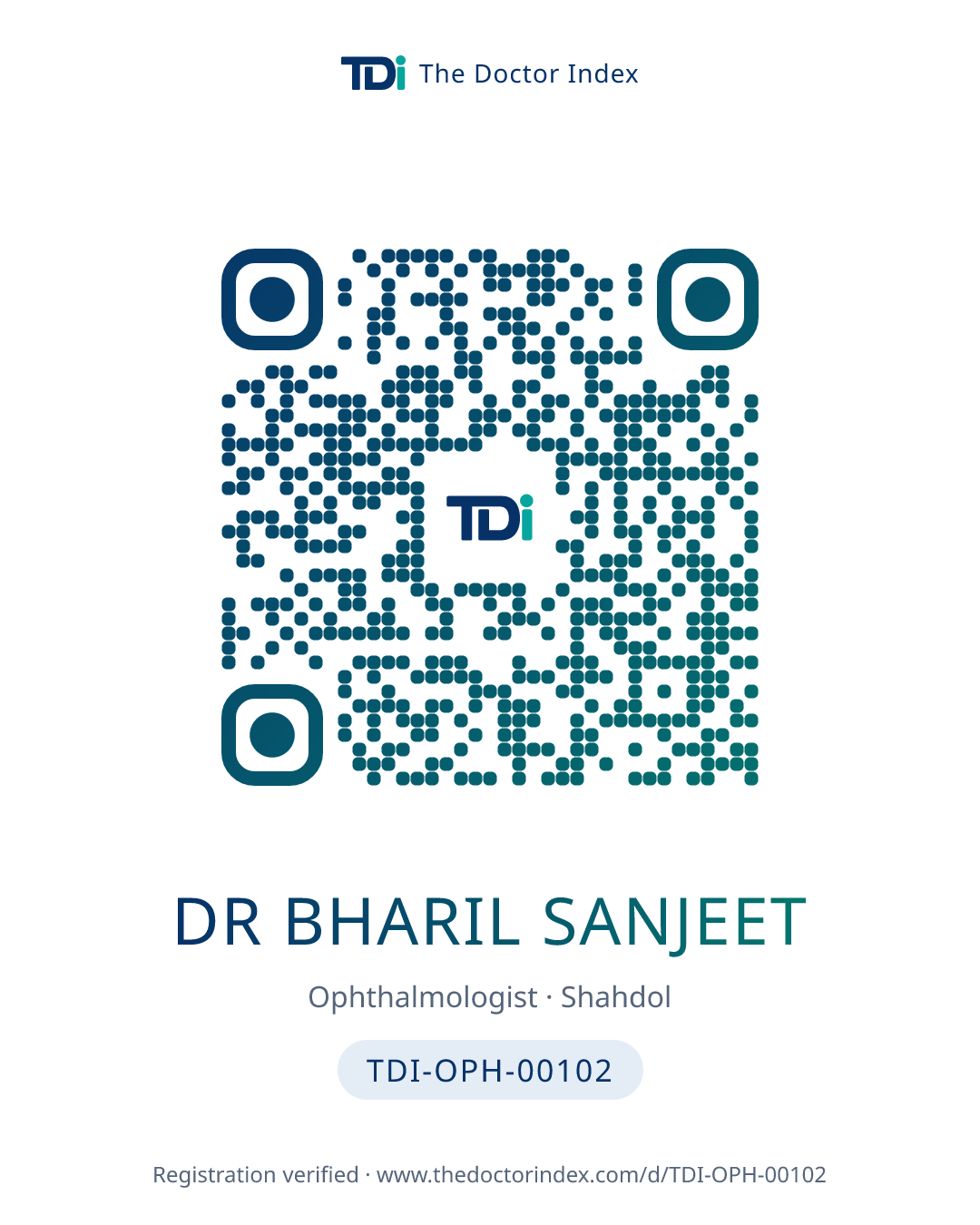 QR card for Dr Bharil Sanjeet, TDI-OPH-00102