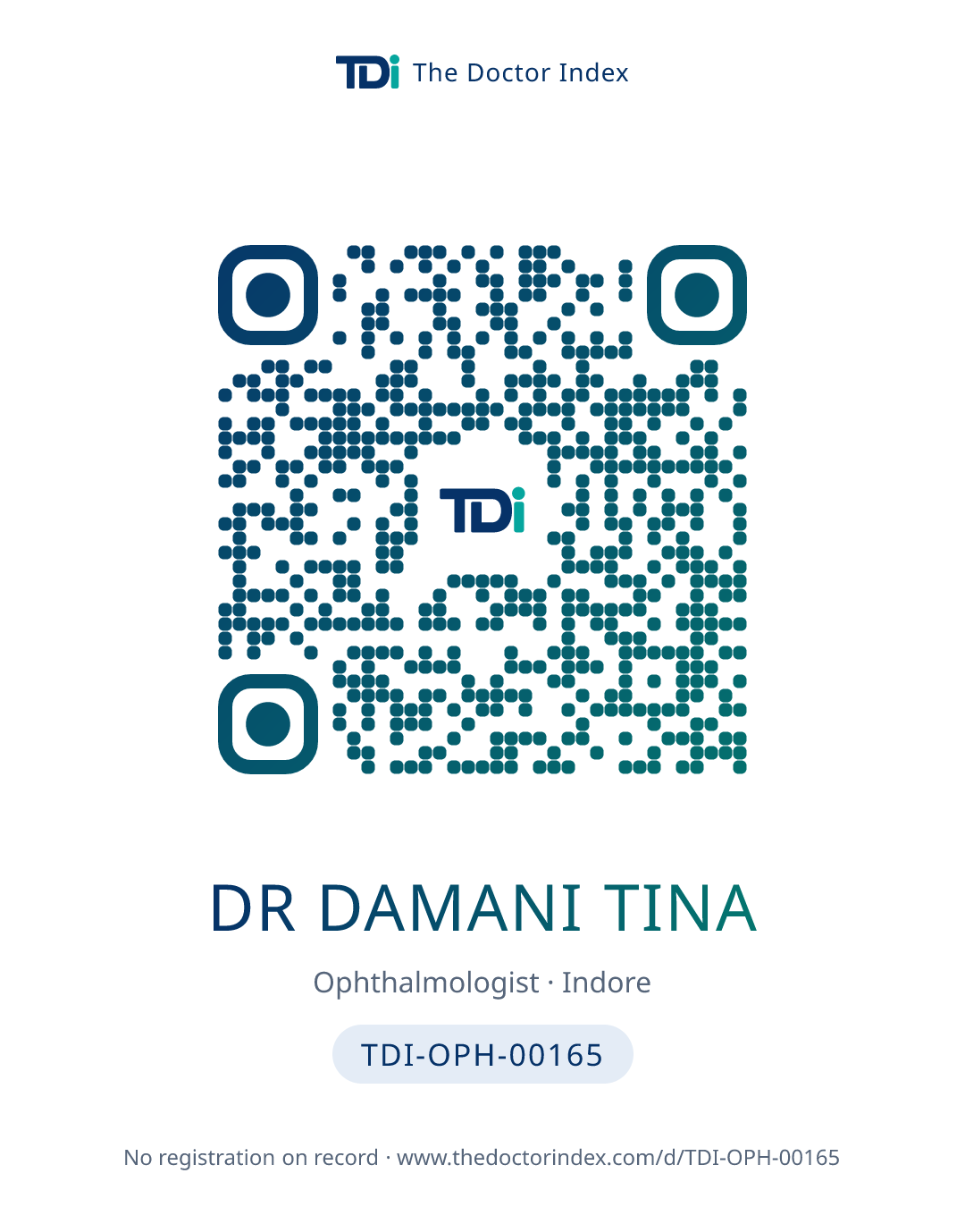 QR card for Dr Damani Tina, TDI-OPH-00165