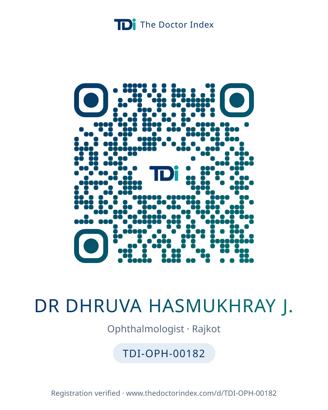QR card for Dr Dhruva Hasmukhray J., TDI-OPH-00182