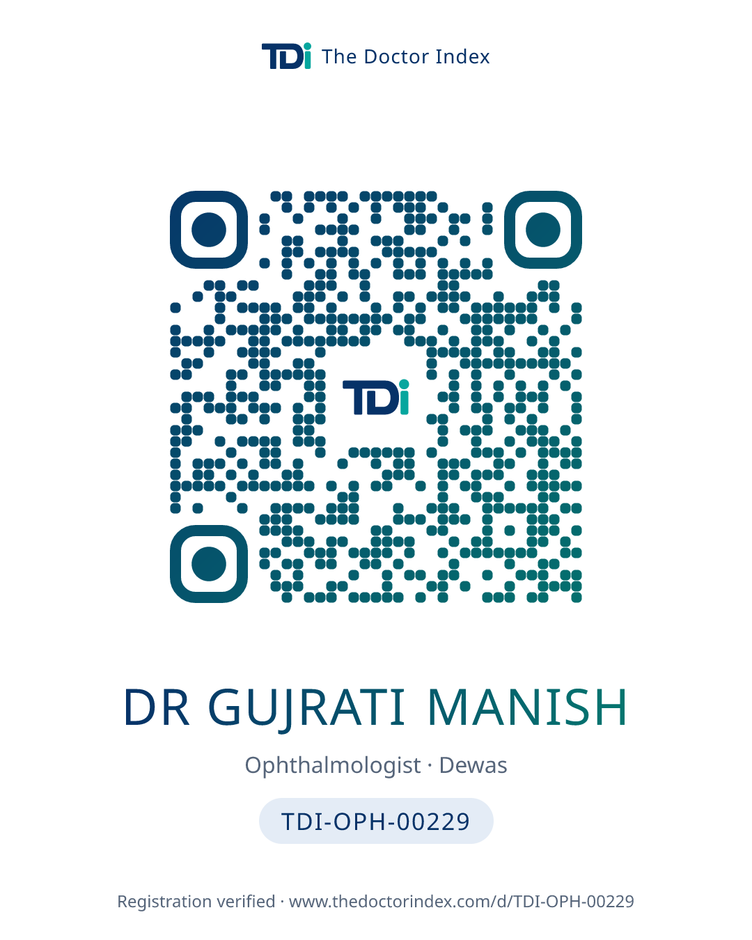 QR card for Dr Gujrati Manish, TDI-OPH-00229