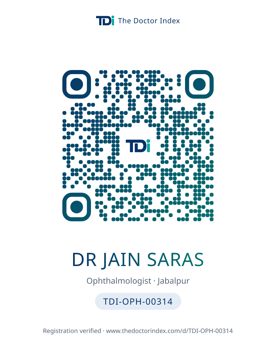 QR card for Dr Jain Saras, TDI-OPH-00314