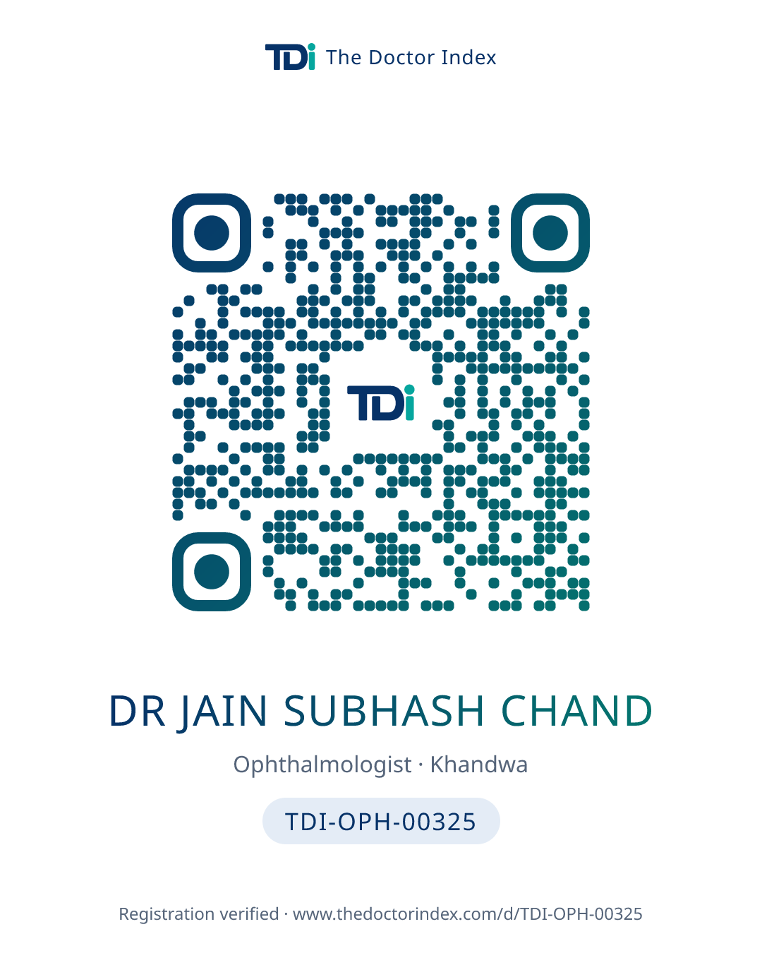 QR card for Dr Jain Subhash Chand, TDI-OPH-00325