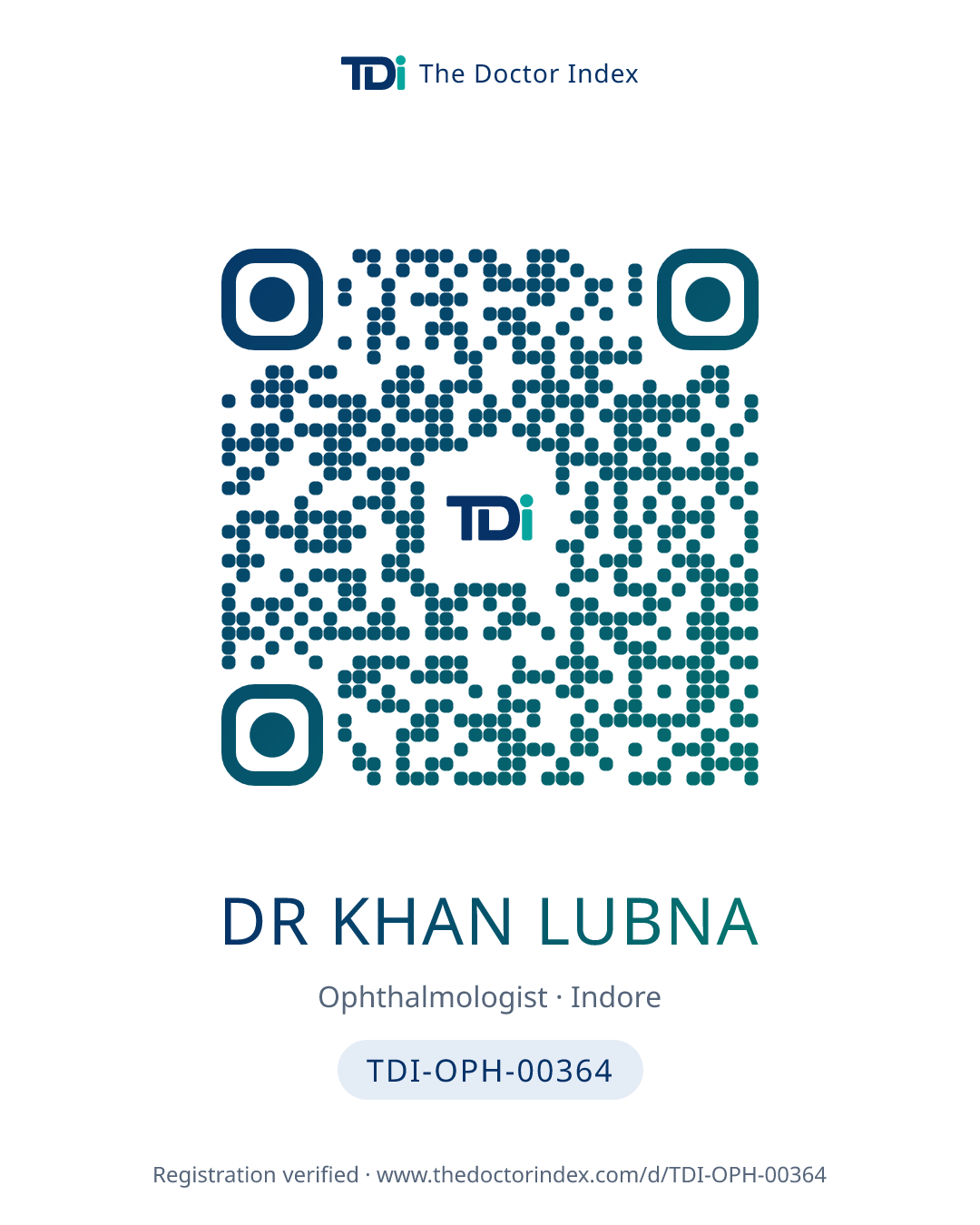 QR card for Dr Khan Lubna, TDI-OPH-00364