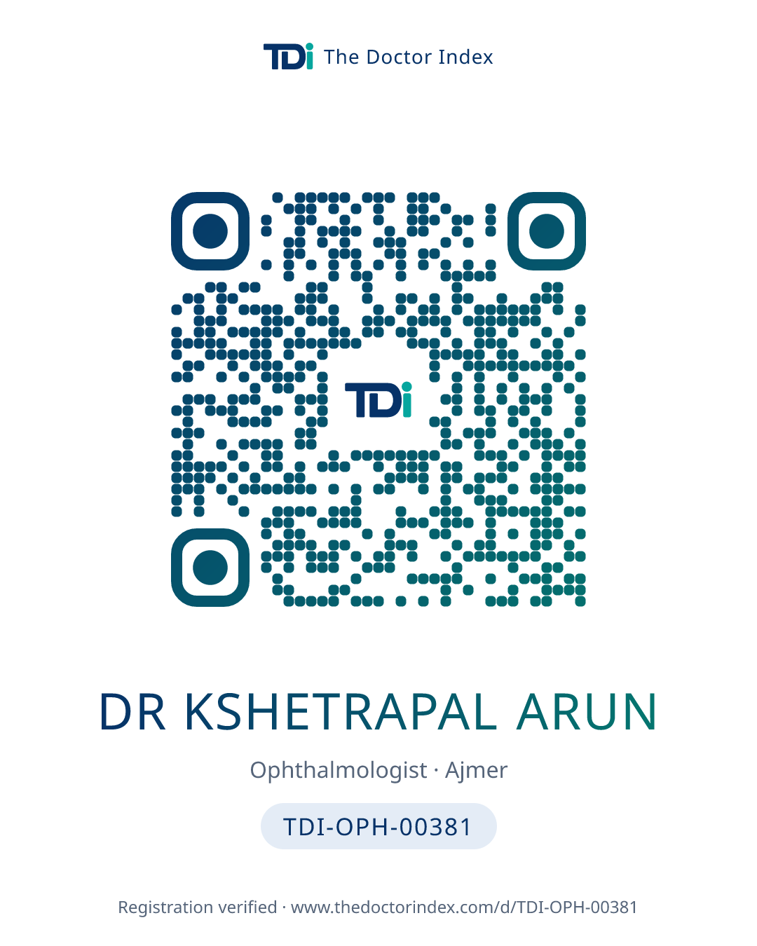 QR card for Dr Kshetrapal Arun, TDI-OPH-00381