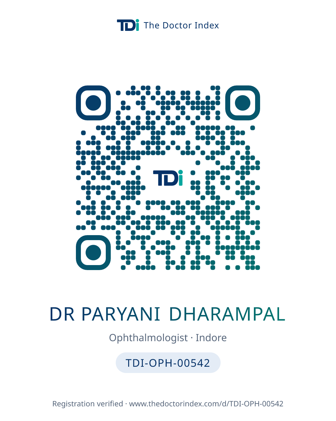 QR card for Dr Paryani Dharampal, TDI-OPH-00542