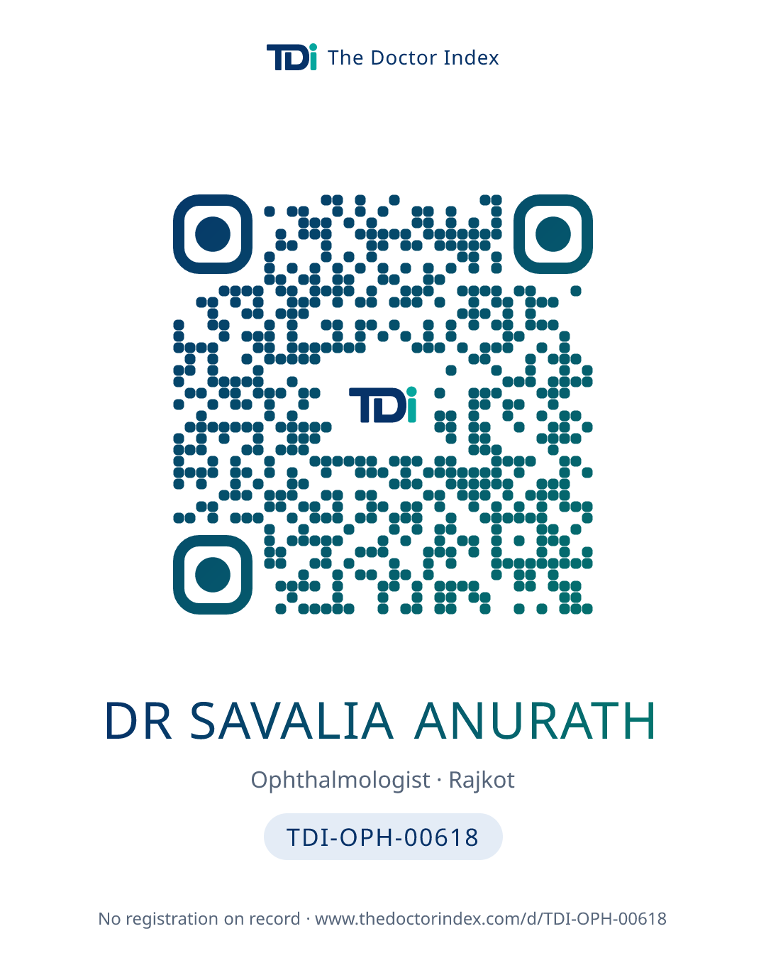 QR card for Dr Savalia Anurath, TDI-OPH-00618