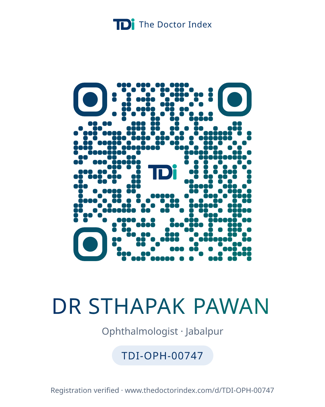 QR card for Dr Sthapak Pawan, TDI-OPH-00747