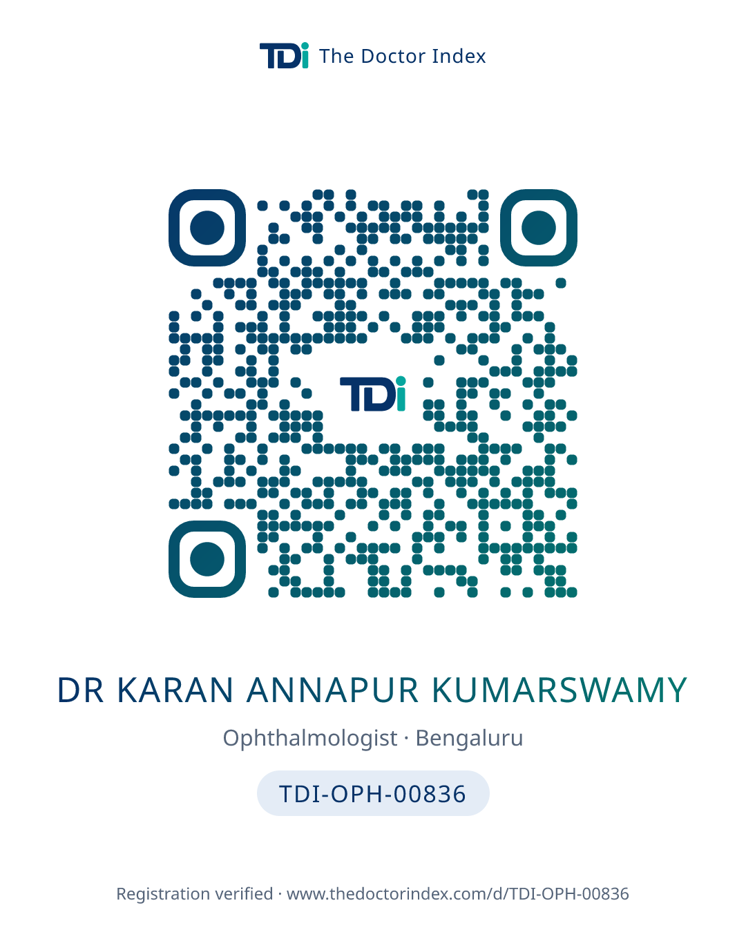 QR card for Dr Karan Annapur Kumarswamy, TDI-OPH-00836