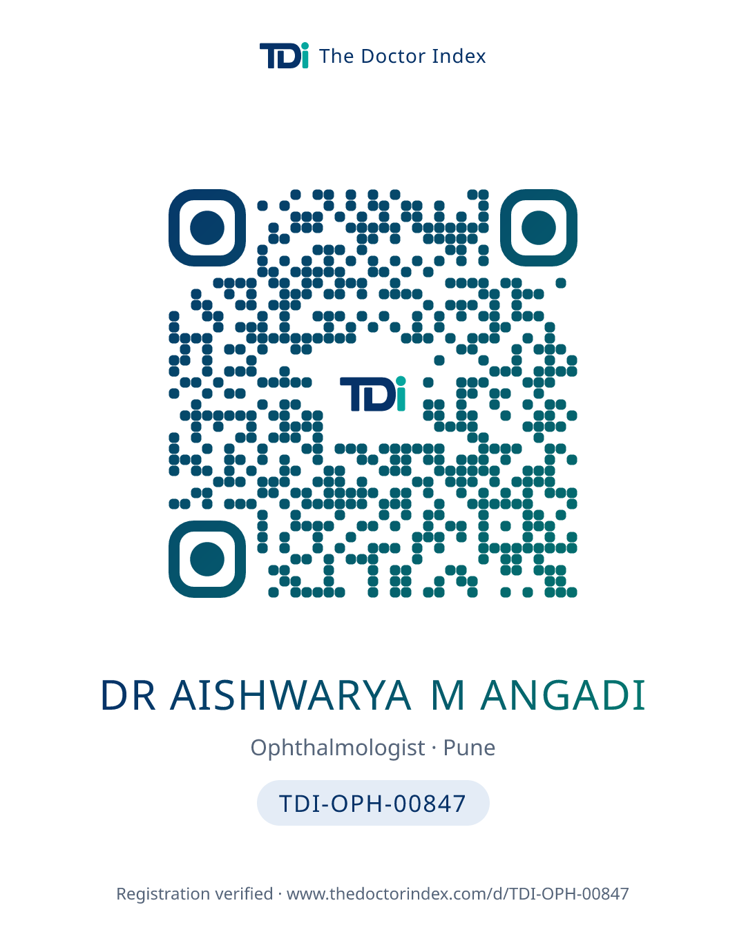 QR card for Dr Aishwarya M Angadi, TDI-OPH-00847
