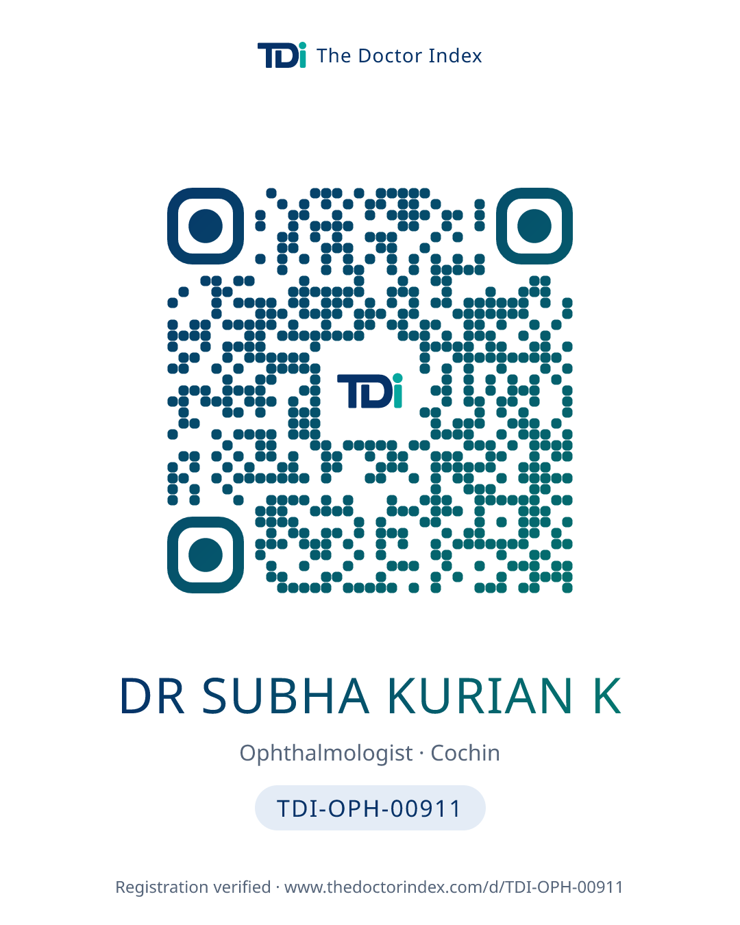 QR card for Dr Subha Kurian K, TDI-OPH-00911