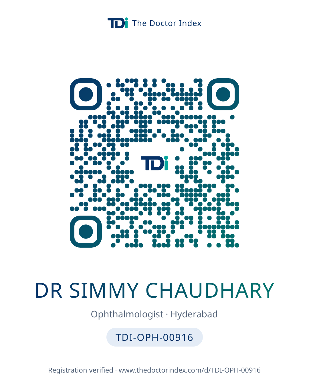 QR card for Dr Simmy Chaudhary, TDI-OPH-00916