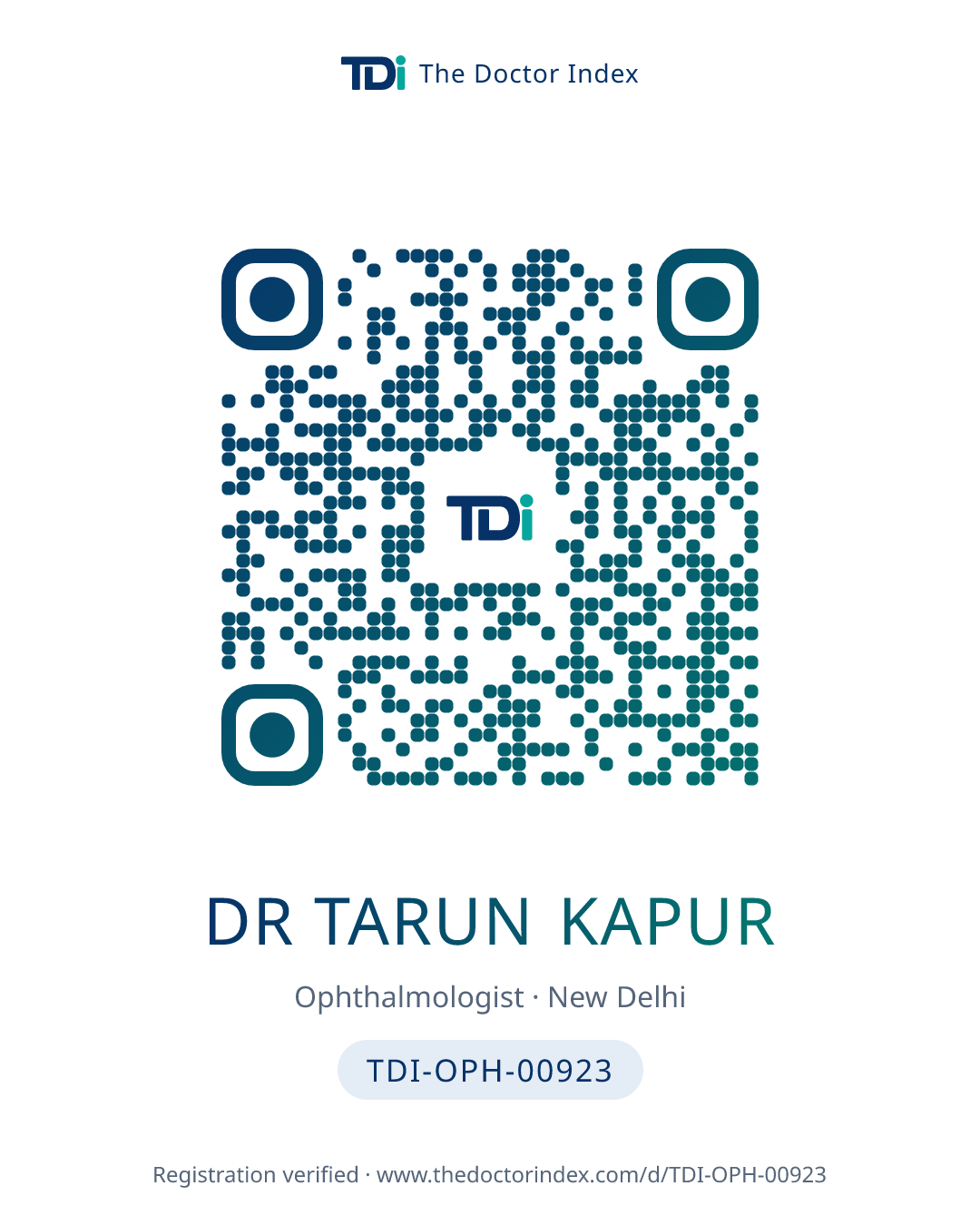 QR card for Dr Tarun Kapur, TDI-OPH-00923