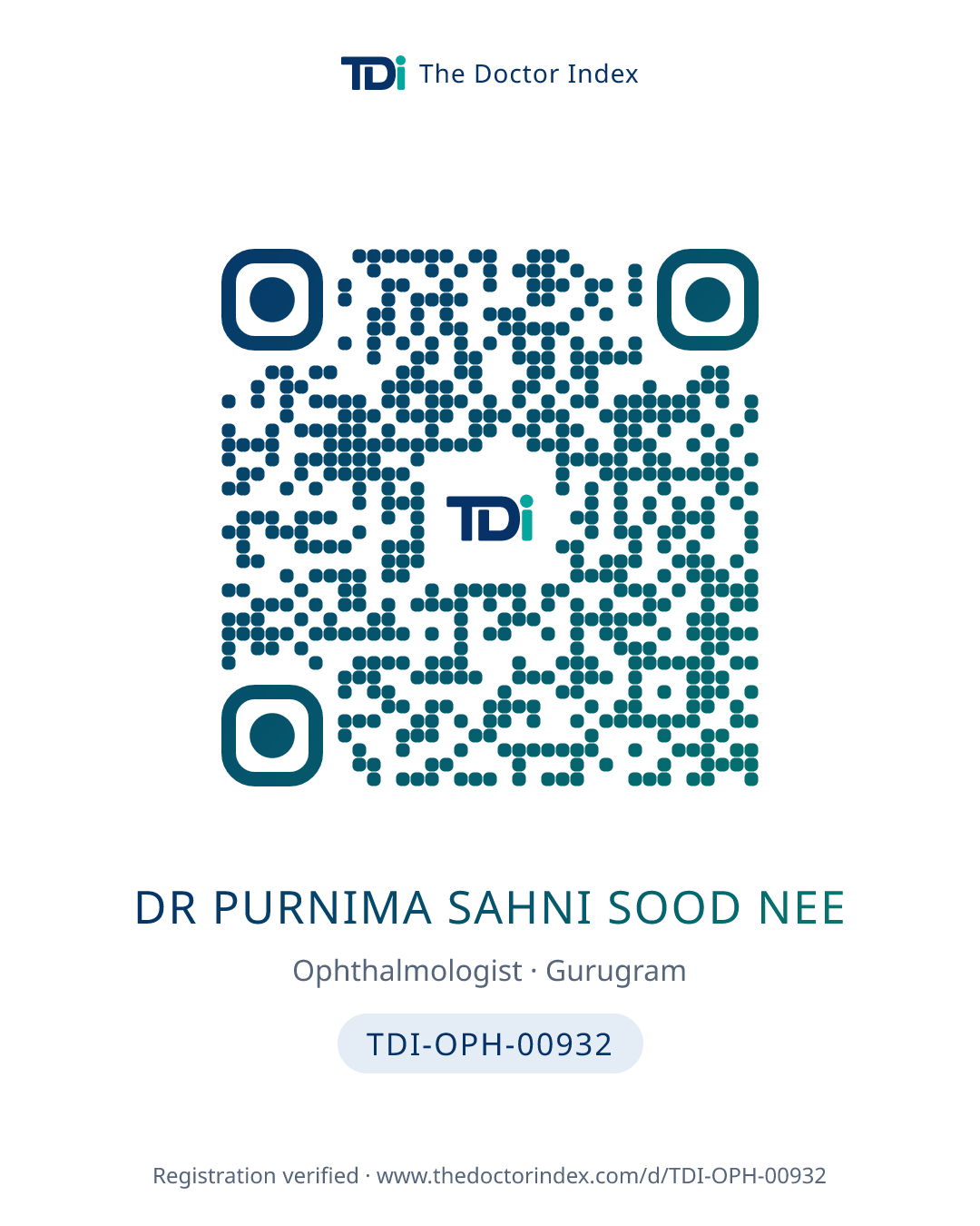 QR card for Dr Purnima Sahni Sood Nee, TDI-OPH-00932
