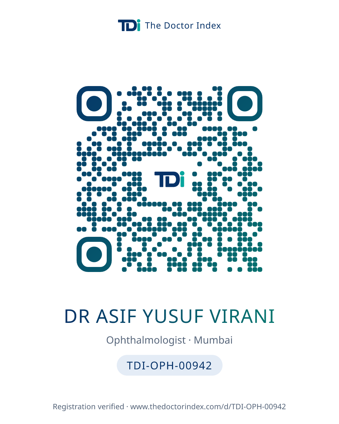 QR card for Dr Asif Yusuf Virani, TDI-OPH-00942