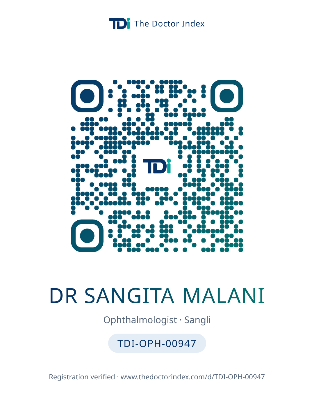 QR card for Dr Sangita Malani, TDI-OPH-00947