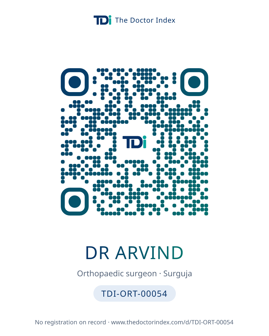 QR card for Dr Arvind, TDI-ORT-00054