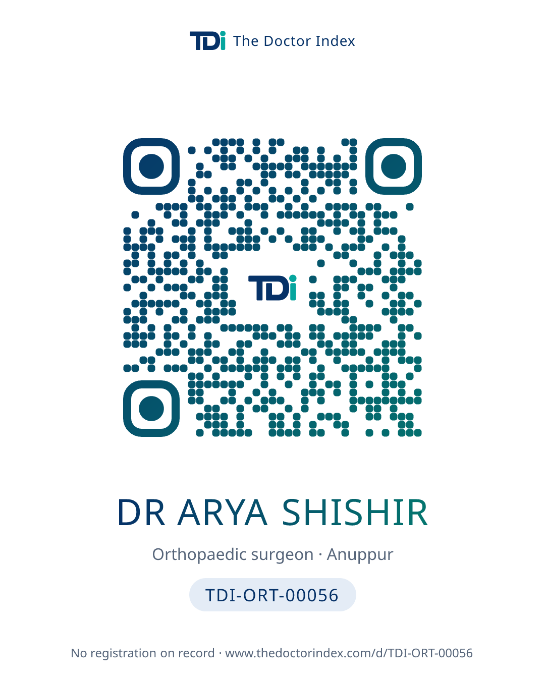 QR card for Dr Arya Shishir, TDI-ORT-00056