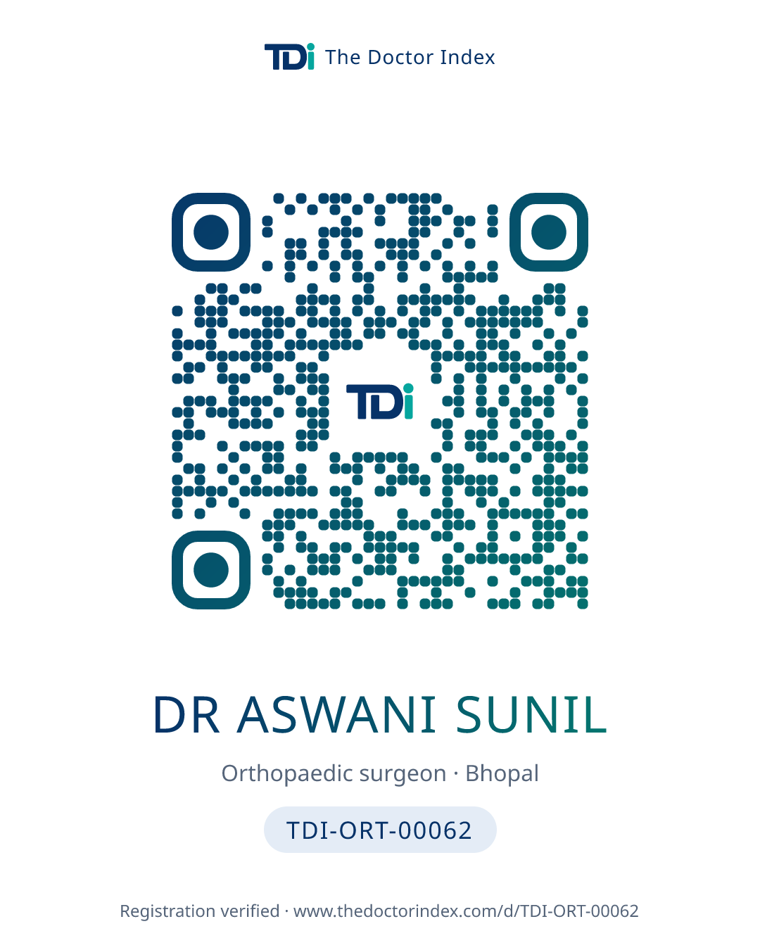 QR card for Dr Aswani Sunil, TDI-ORT-00062