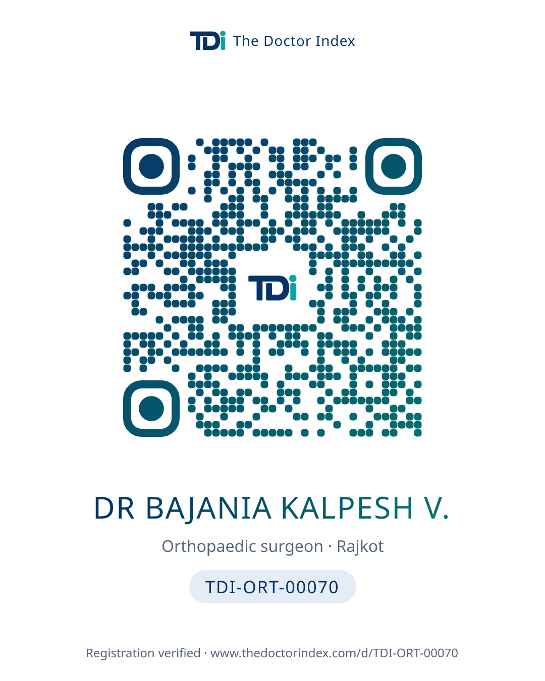 QR card for Dr Bajania Kalpesh V., TDI-ORT-00070