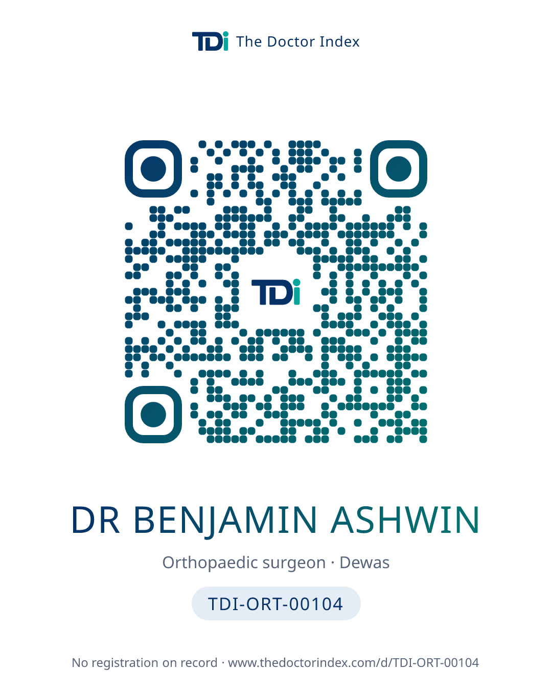 QR card for Dr Benjamin Ashwin, TDI-ORT-00104