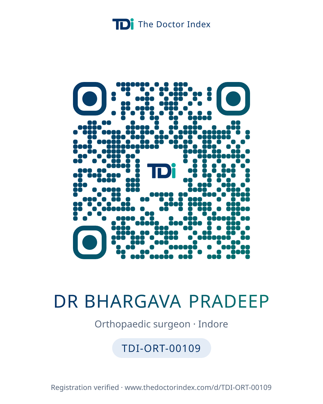 QR card for Dr Bhargava Pradeep, TDI-ORT-00109