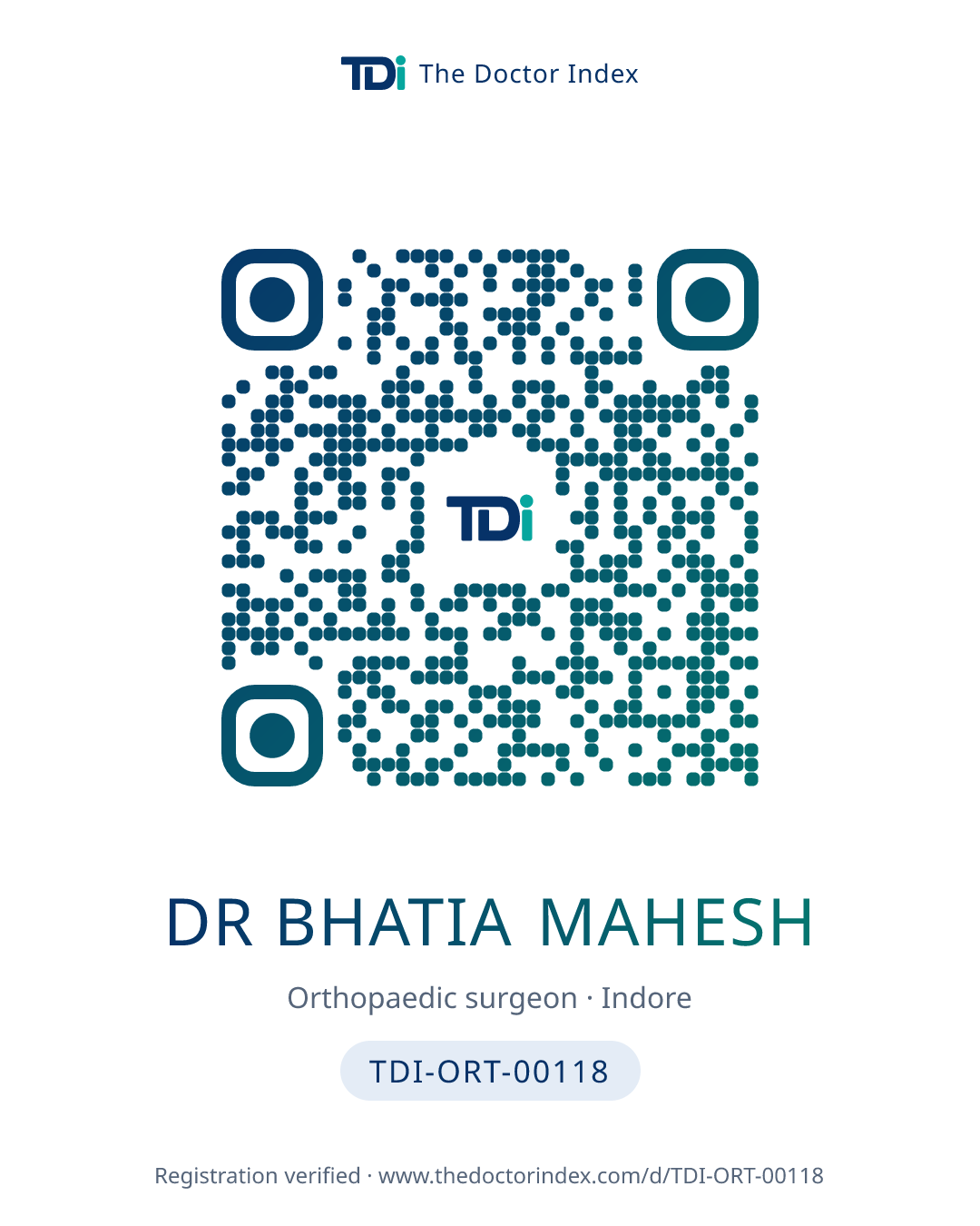 QR card for Dr Bhatia Mahesh, TDI-ORT-00118