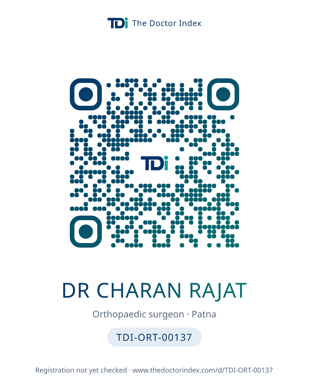 QR card for Dr Charan Rajat, TDI-ORT-00137