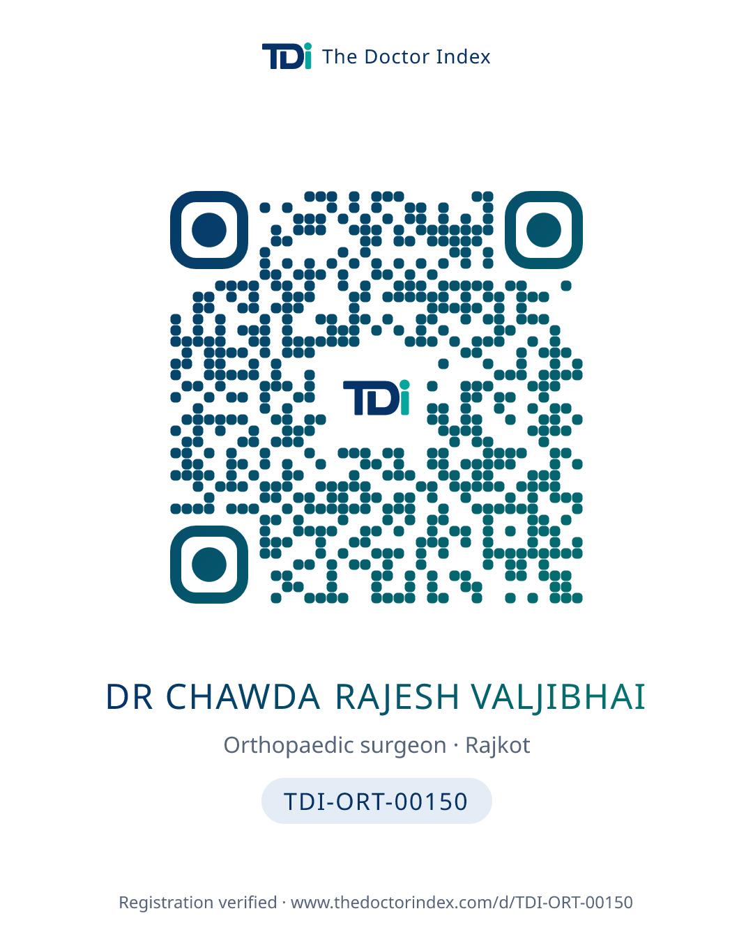 QR card for Dr Chawda Rajesh Valjibhai, TDI-ORT-00150