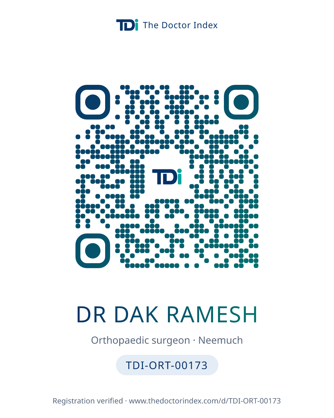 QR card for Dr Dak Ramesh, TDI-ORT-00173