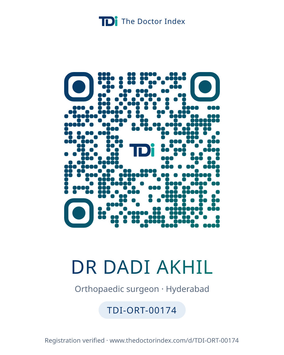 QR card for Dr Dadi Akhil, TDI-ORT-00174