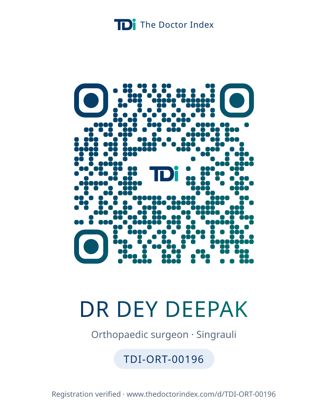 QR card for Dr Dey Deepak, TDI-ORT-00196
