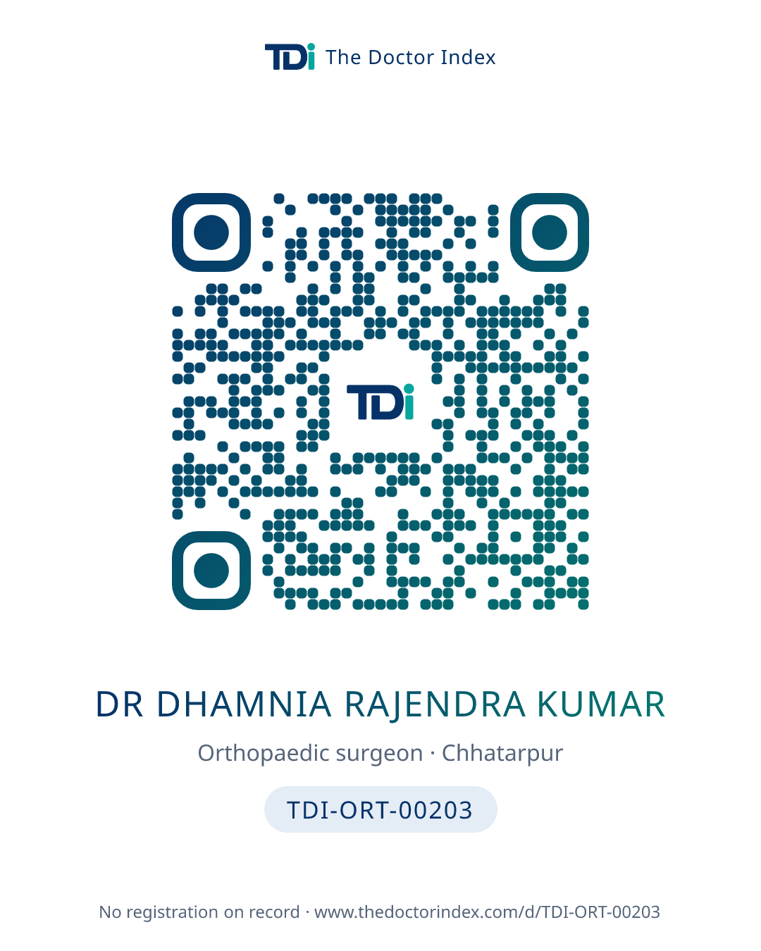 QR card for Dr Dhamnia Rajendra Kumar, TDI-ORT-00203