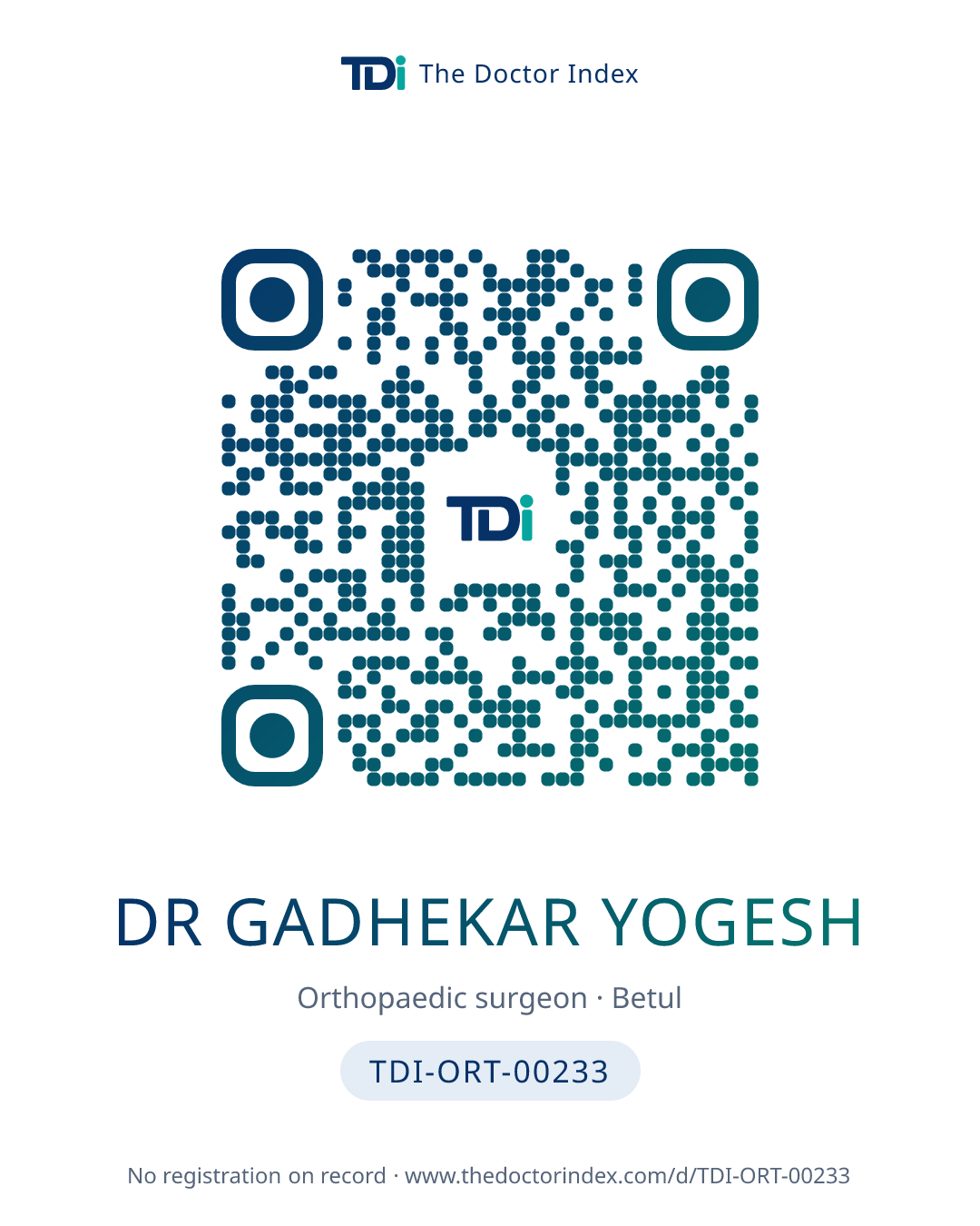 QR card for Dr Gadhekar Yogesh, TDI-ORT-00233