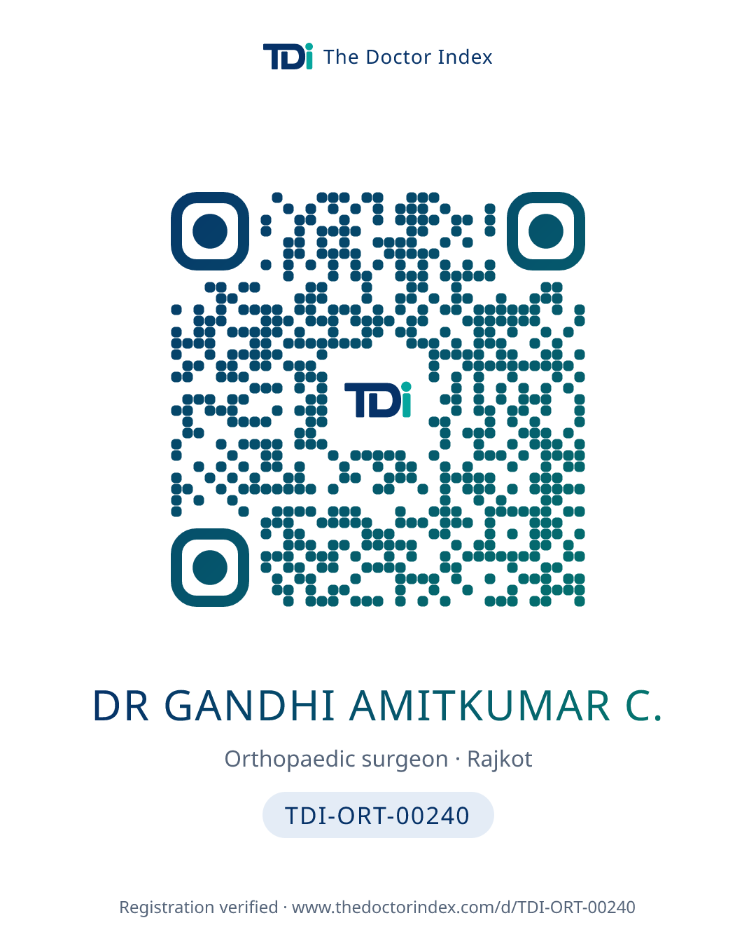 QR card for Dr Gandhi Amitkumar C., TDI-ORT-00240