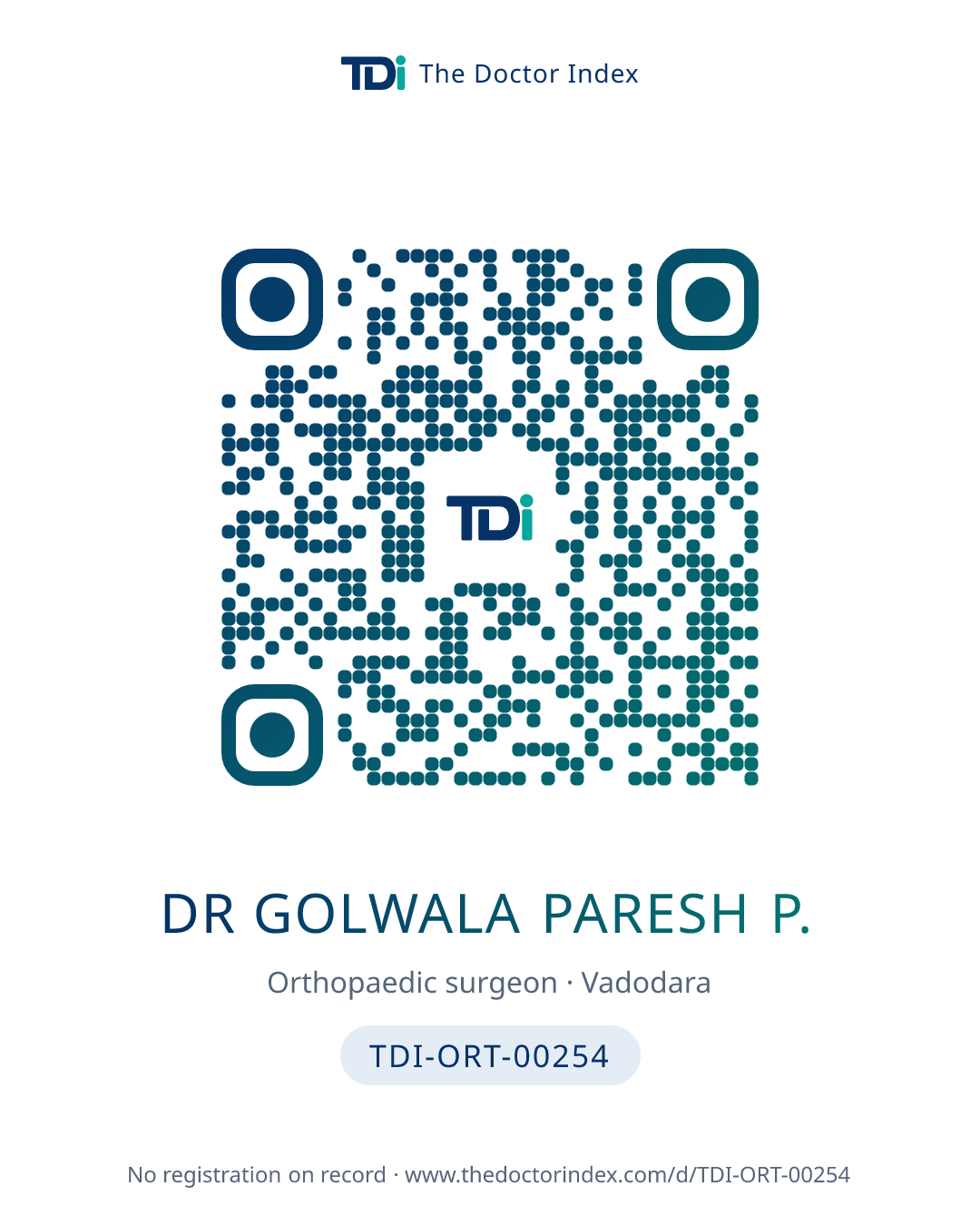 QR card for Dr Golwala Paresh P., TDI-ORT-00254