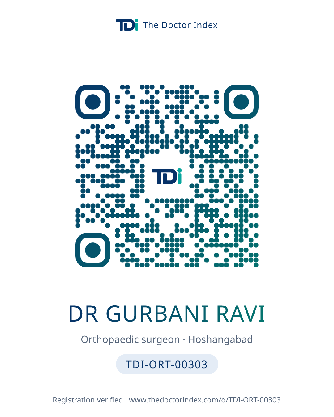 QR card for Dr Gurbani Ravi, TDI-ORT-00303