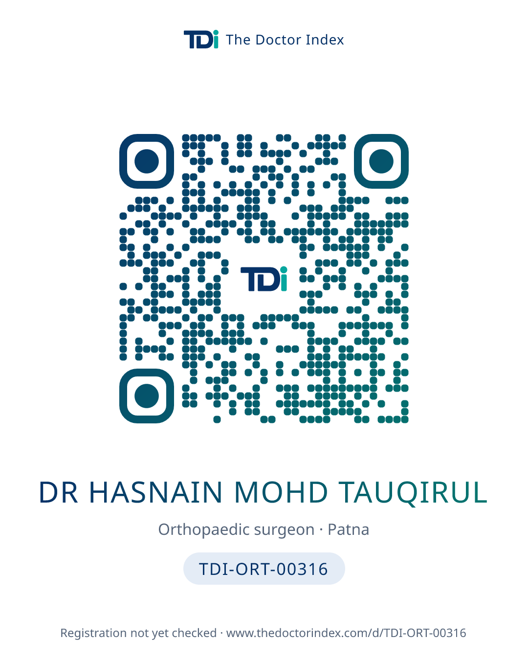 QR card for Dr Hasnain Mohd Tauqirul, TDI-ORT-00316