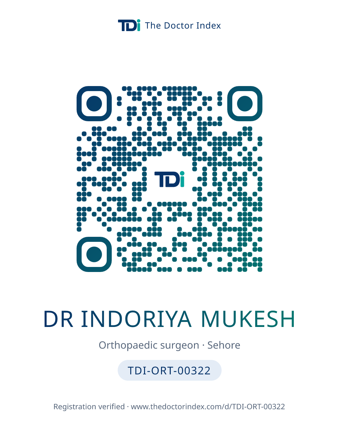 QR card for Dr Indoriya Mukesh, TDI-ORT-00322