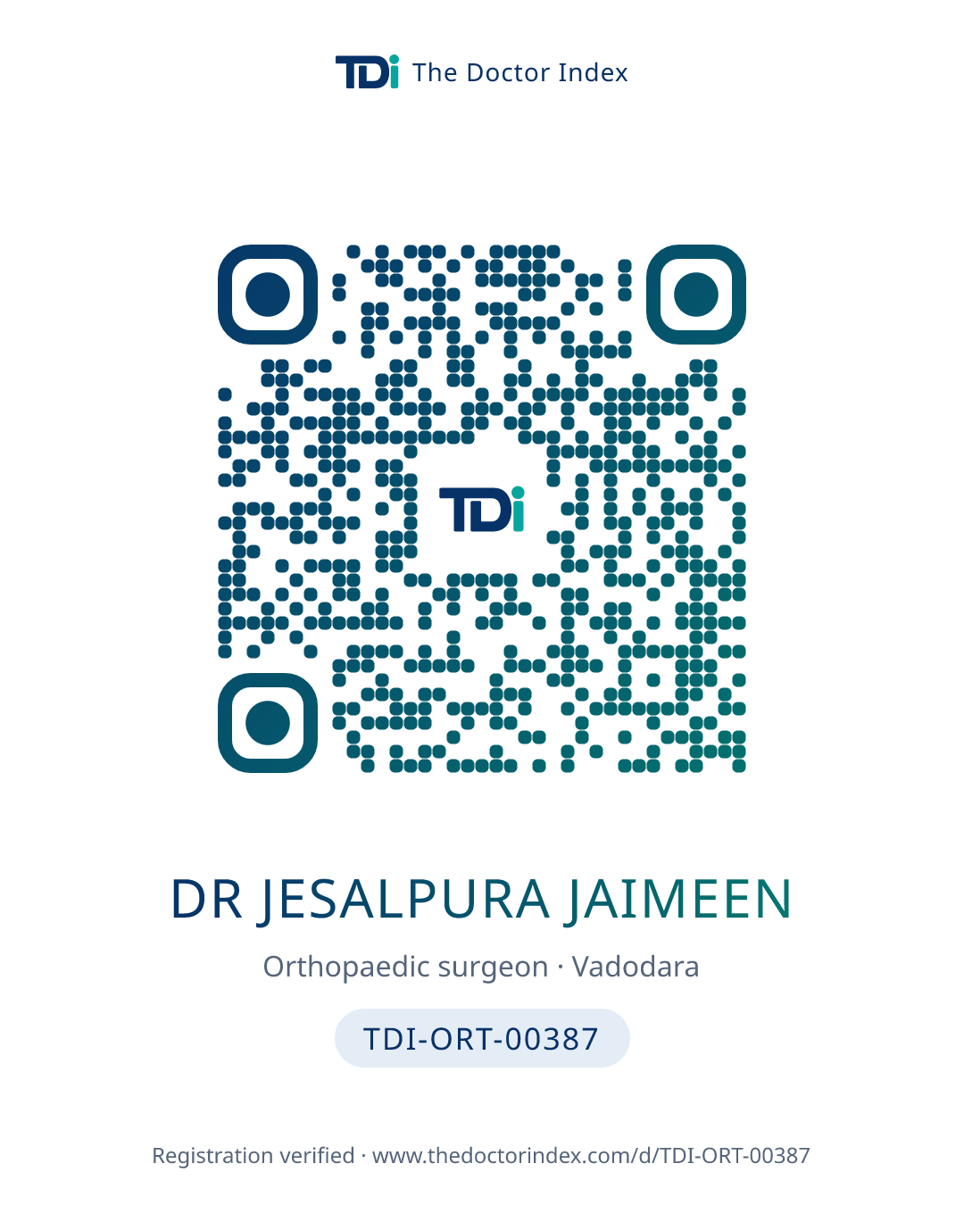 QR card for Dr Jesalpura Jaimeen, TDI-ORT-00387